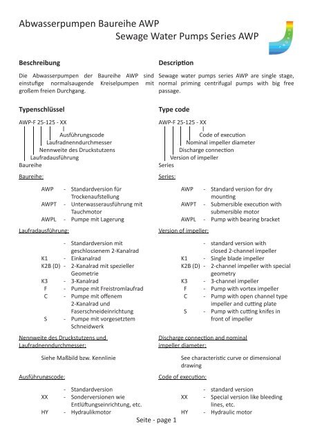 Abwasserpumpen Baureihe AWP Sewage Water Pumps Series AWP