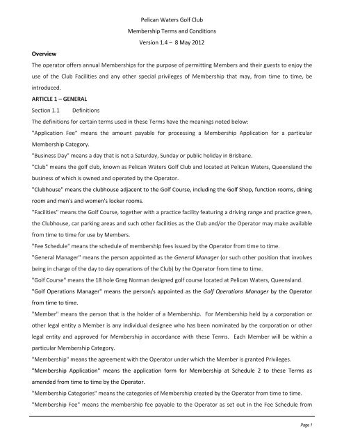 Pelican Waters Golf Club Membership Terms and Conditions 