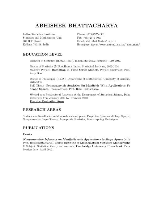 Abhishek Bhattacharya: Curriculum Vitae - Indian Statistical Institute