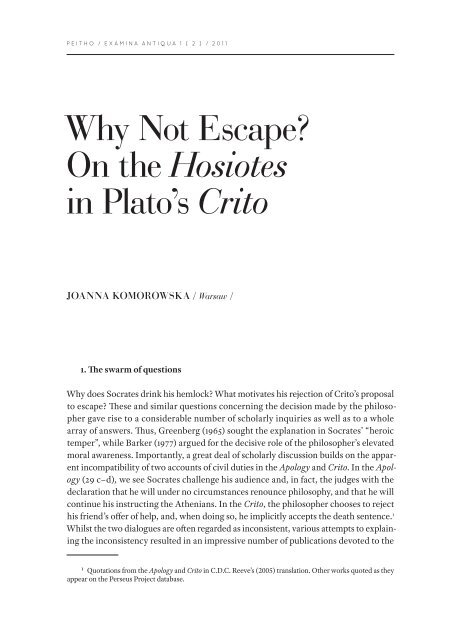 Why Not Escape? On the Hosiotes in Plato's Crito - Peitho