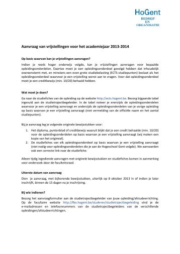 Aanvraag van vrijstellingen voor het ... - Hogeschool Gent