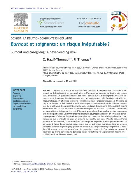 Burnout et soignants - Centre hospitalier Esquirol