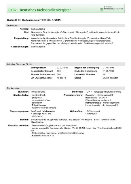 StudienID: 56, Studienkennung: T9 9/94/BU 1, UTRN: Kurztitel ...