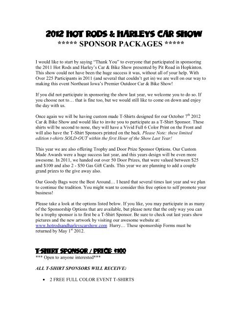 SPONSOR SIGN-UP LETTER 2012 - Hot Rods and Harleys Car Show