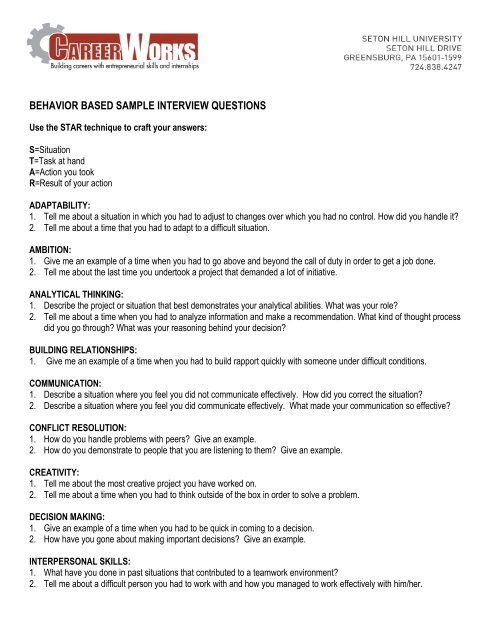 BEHAVIOR BASED SAMPLE INTERVIEW QUESTIONS