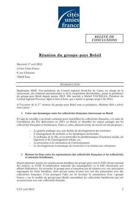 RelevÃ© de conclusions - CitÃ©s Unies France