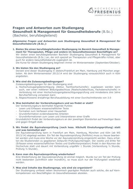 FAQ Gesundheit & Management - Hochschule Fresenius