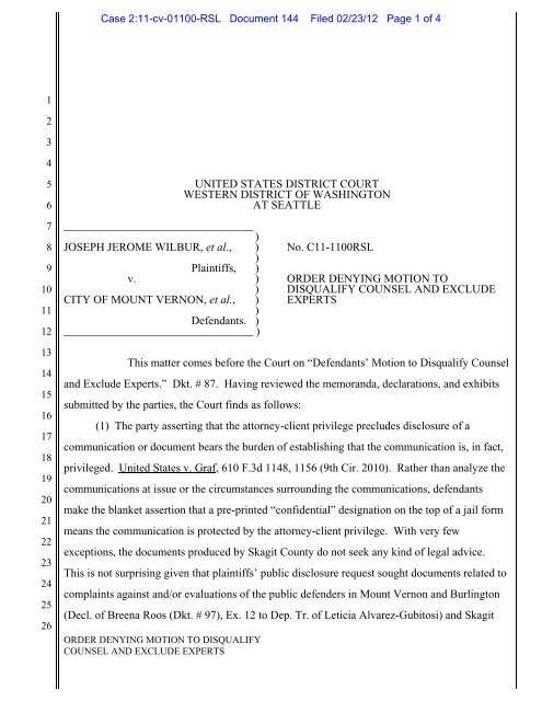 order denying motion to disqualify counsel and exclude experts