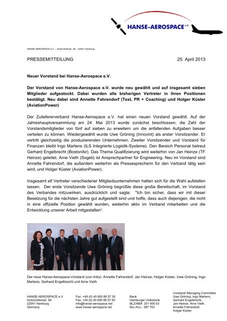 PRESSEMITTEILUNG 25. April 2013 - HANSE AEROSPACE e.V