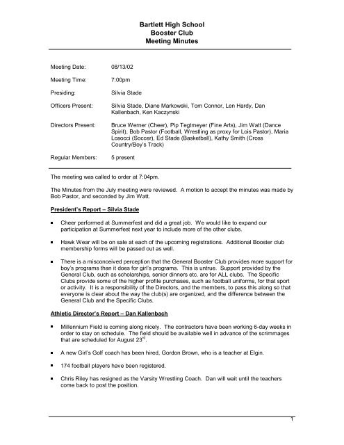 Bartlett High School Booster Club Meeting Minutes
