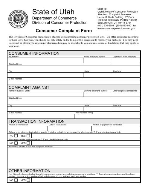 Consumer Plaint Form Utah Division Of Consumer