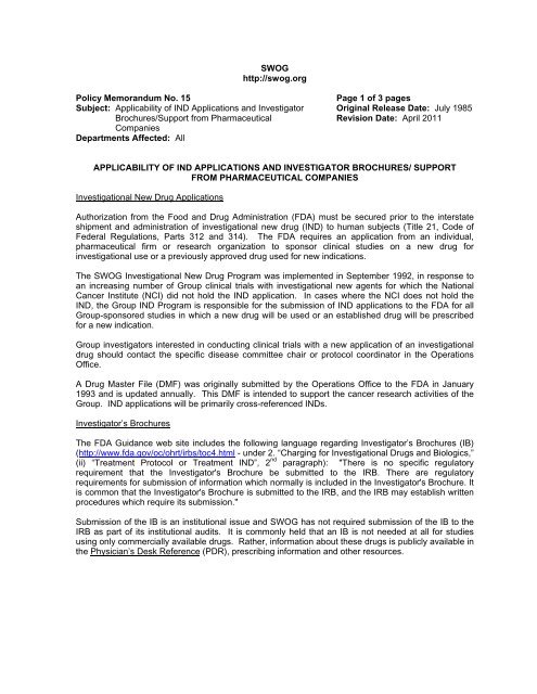 SWOG http://swog.org Policy Memorandum No. 15 Page 1 of 3 ...