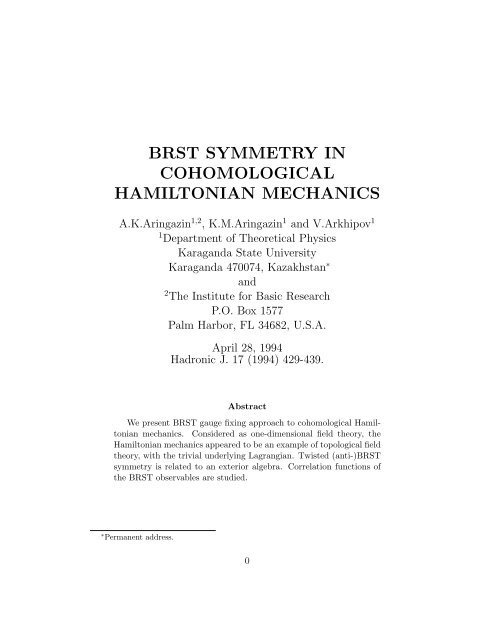 brst symmetry in cohomological hamiltonian mechanics - Institute for ...