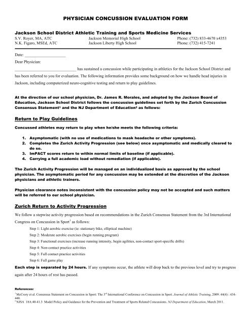 physician concussion evaluation form - Jackson Memorial High School