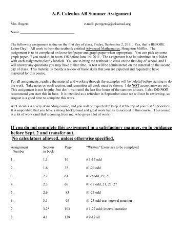 AP Calculus AB Summer Assignment - Jackson Memorial High School