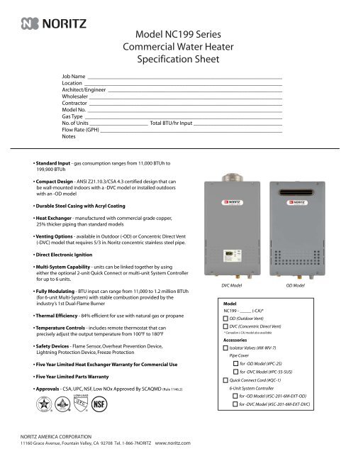 Noritz NC380-SV-ASME-NG Product Specification Sheet