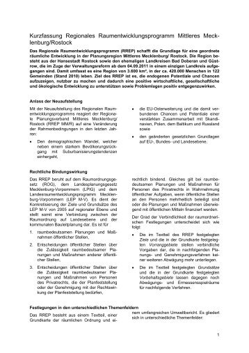 Kurzfassung Regionales Raumentwicklungsprogramm Mittleres Meck