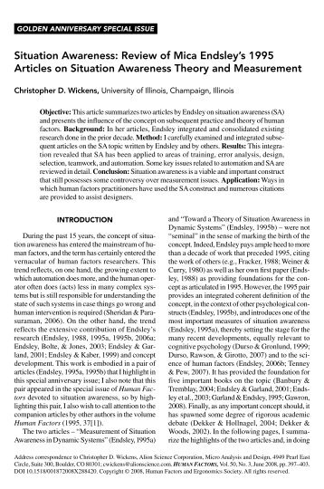 Situation Awareness: Review of Mica Endsley's 1995 Articles on ...