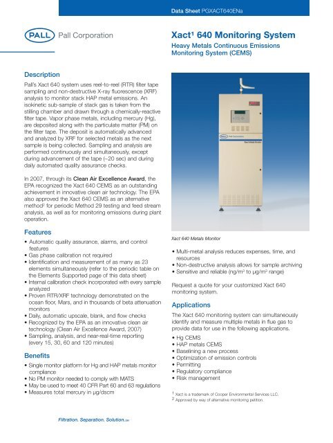 Xact 640 Monitoring System - Heavy Metals ... - Pall Corporation