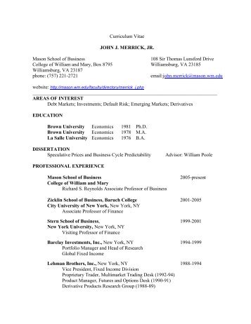 Curriculum Vitae JOHN J. MERRICK, JR. Mason School of Business ...