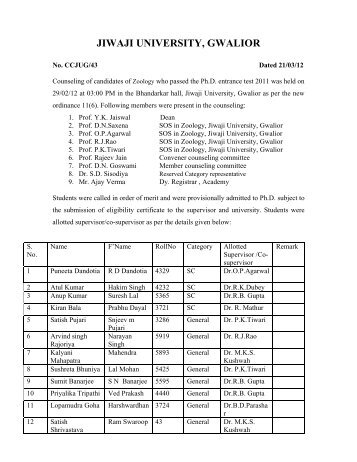 Zoology - Counselling - Jiwaji University, Gwalior