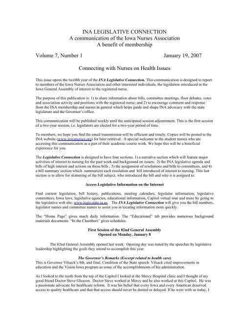 Legislative Connection Vol. 7 No 1 [PDF] - Iowa Nurses Association