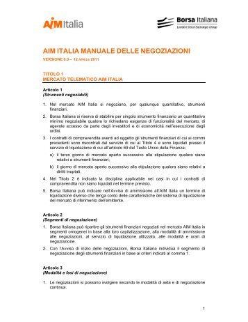 AIM ITALIA MANUALE DELLE NEGOZIAZIONI - Borsa Italiana