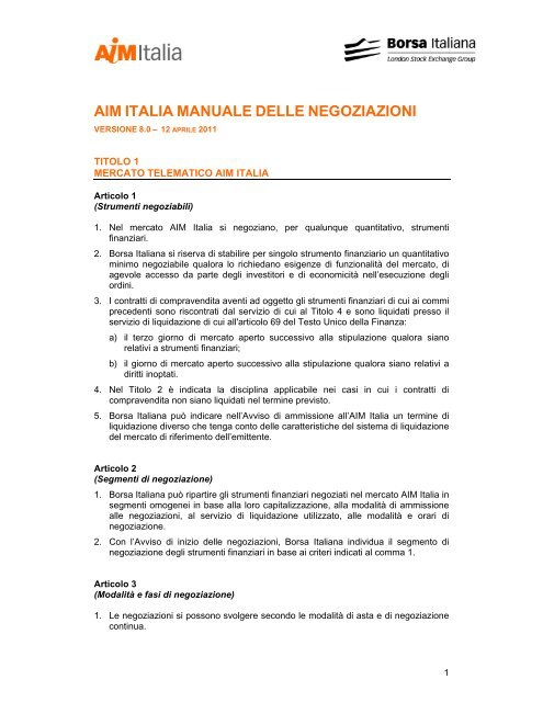 AIM ITALIA MANUALE DELLE NEGOZIAZIONI - Borsa Italiana