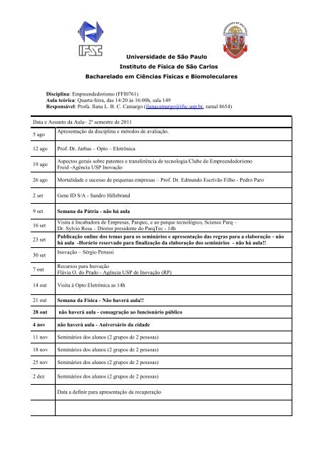 Cronograma 2011 - IFSC - USP