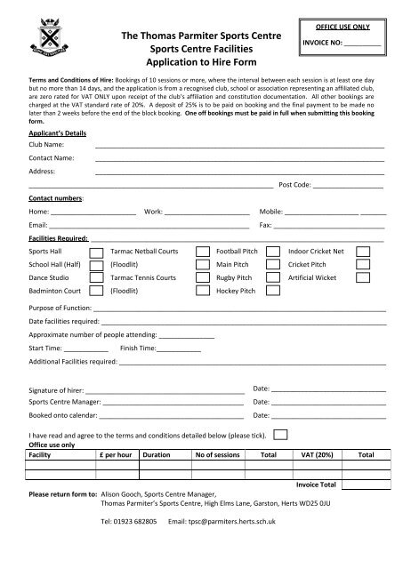 Sports Centre Facilities Hire Form - Parmiter's School