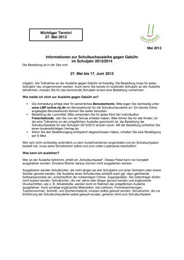 27. Mai 2013 Informationen zur Schulbuchausleihe ... - LMF-Online