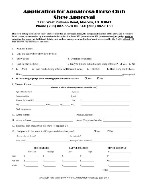 Show Approval Application Form - Appaloosa Horse Club