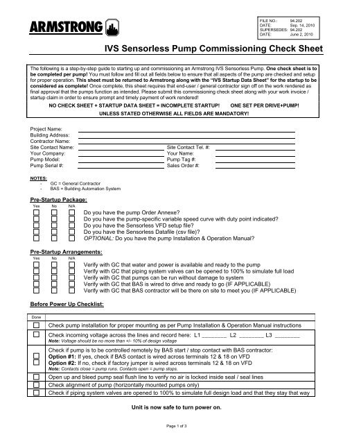 IVS Sensorless Pump Commissioning Check ... - Armstrong Pumps