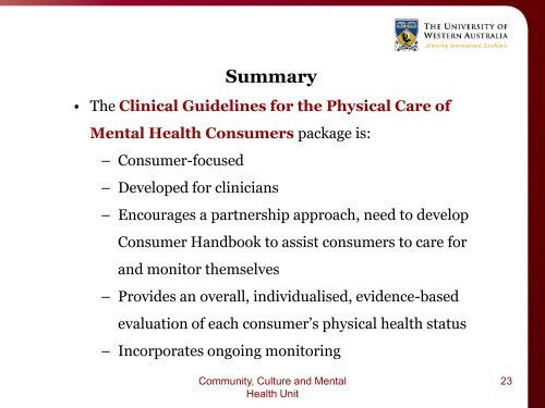 Clinical Guidelines for the Physical Care of Mental Health Consumers