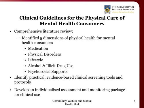 Clinical Guidelines for the Physical Care of Mental Health Consumers