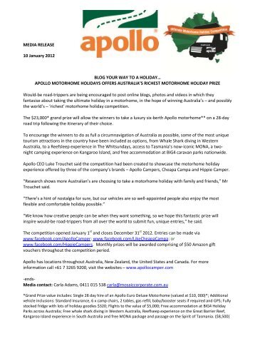 MEDIA RELEASE 10 January 2012 BLOG YOUR ... - Apollo Camper