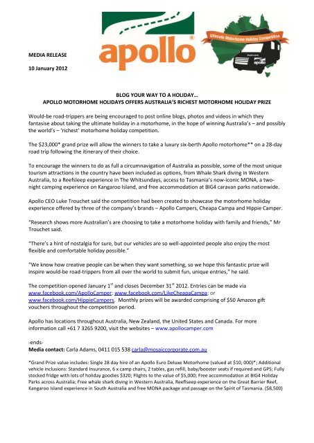 MEDIA RELEASE 10 January 2012 BLOG YOUR ... - Apollo Camper