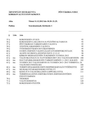 Kirkkovaltuuston pÃ¶ytÃ¤kirja 5/2012 - JÃ¤rvenpÃ¤Ã¤n seurakunta