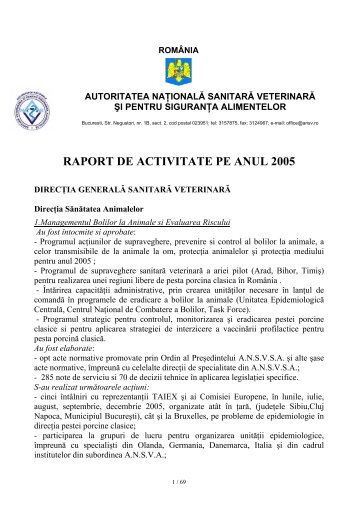 RAPORT DE ACTIVITATE PE ANUL 2005 - ansvsa