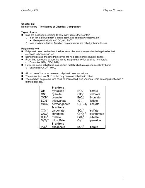 Chemistry 120 Handouts/Notes