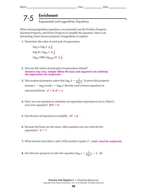 7 5 Practice Exponential And Logarithmic Equations Form K Answer Key Tessshebaylo