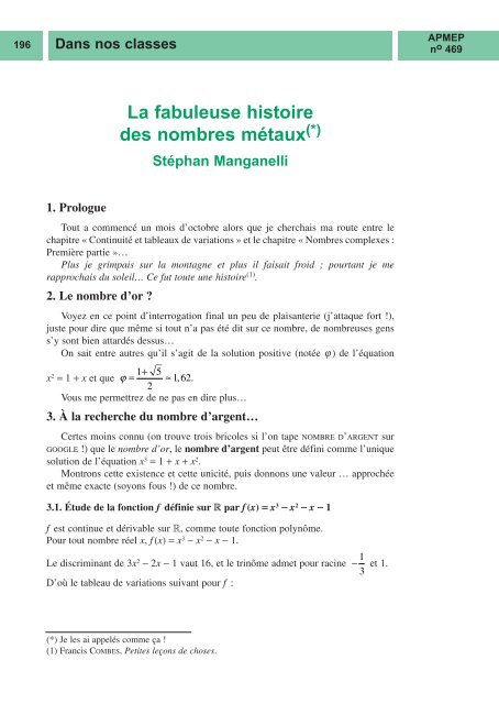 La Fabuleuse Histoire Des Nombres Mãtaux Apmep - 