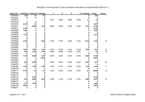 Rezultati in ocene kolokvijev iz Fizike za Å¡tudente matematike ...