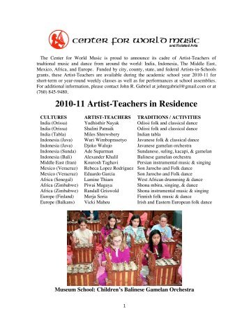 Artist-Teacher Resume - Center for World Music