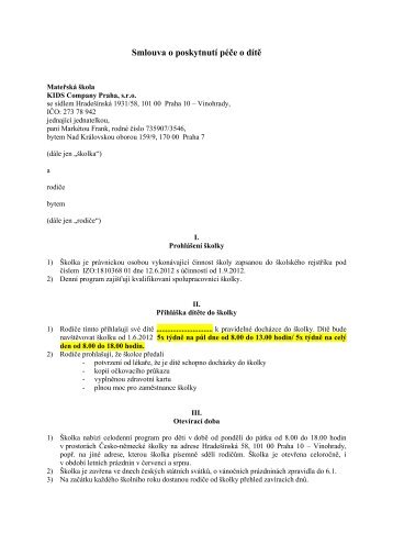 Smlouva o péči o dítě - Kids Company Praha