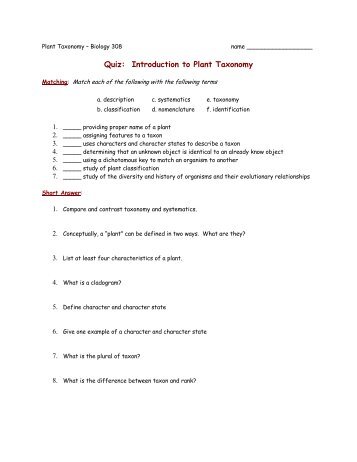 Quiz: Introduction to Plant Taxonomy - Employees Csbsju