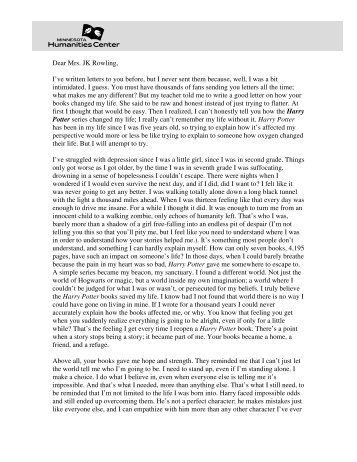 Letter to J.K. Rowling, author of the Harry Potter series - Minnesota ...