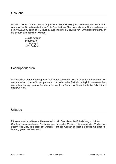 Informationen Schule und Kindergarten Aefligen 2012/2013