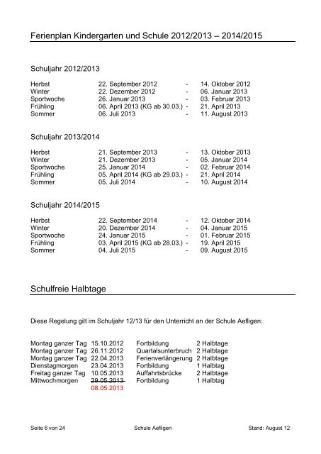 Informationen Schule und Kindergarten Aefligen 2012/2013