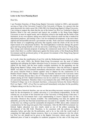 26 February 2013 Letter to the Town Planning Board Dear Sirs, I am ...